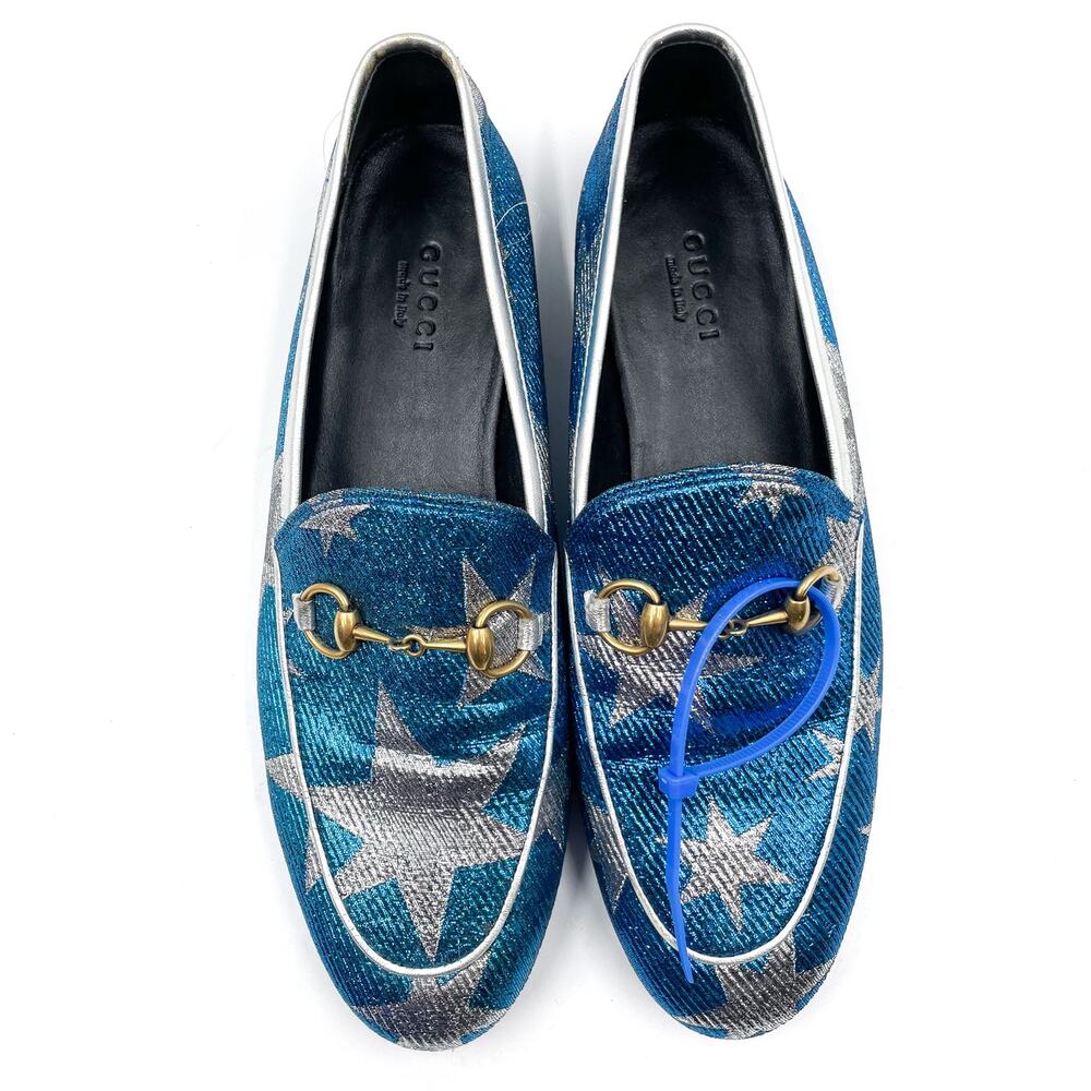Gucci Jordaan Starry Sky Loafers Blue Metallic Silver Horsebit Leather Sz 37 / 7 - Picture 3 of 12